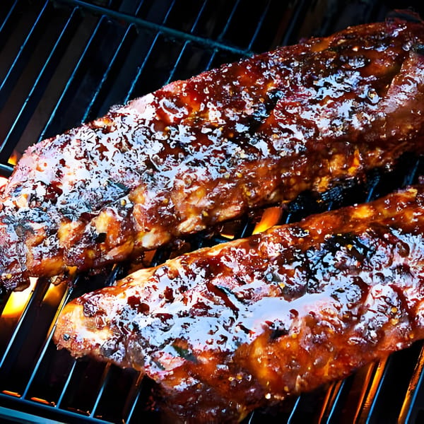 Two racks of Agamie Gourmet Delicatessen & Catering's BBQ ribs grilling over flames.