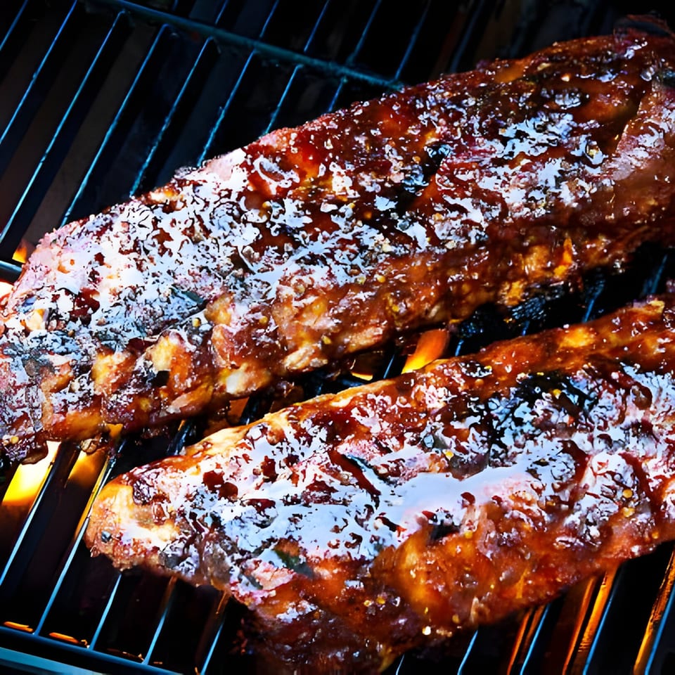 Two racks of Agamie Gourmet Delicatessen & Catering's BBQ ribs grilling over flames.