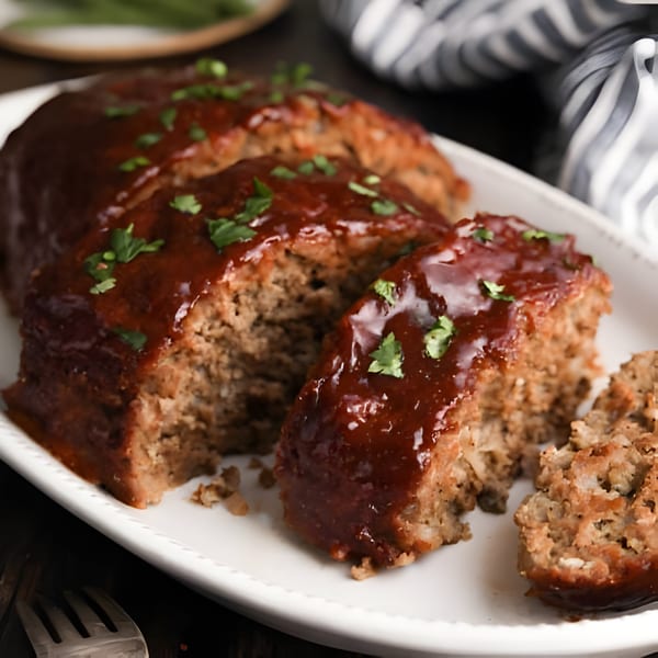 Sliced meatloaf with a rich brown glaze and fresh parsley on a white platter.