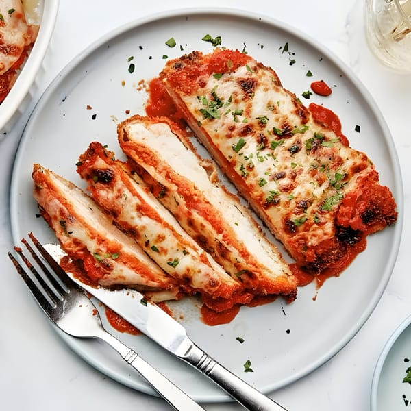 Sliced chicken parmesan with melted cheese and red sauce, garnished with parsley on a white plate.