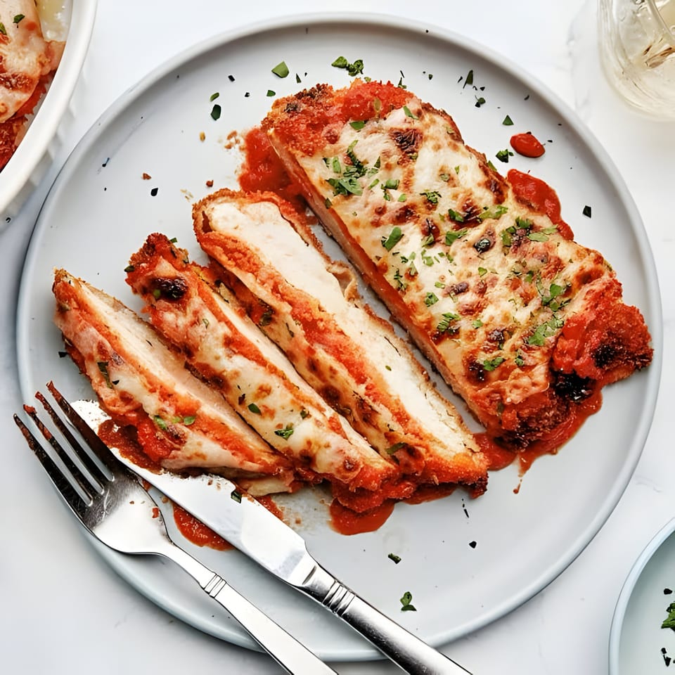 Sliced chicken parmesan with melted cheese and red sauce, garnished with parsley on a white plate.