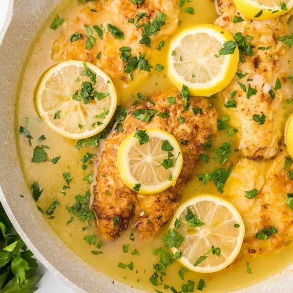 Golden-brown chicken cutlets in a lemon-butter sauce, garnished with fresh parsley and lemon slices.