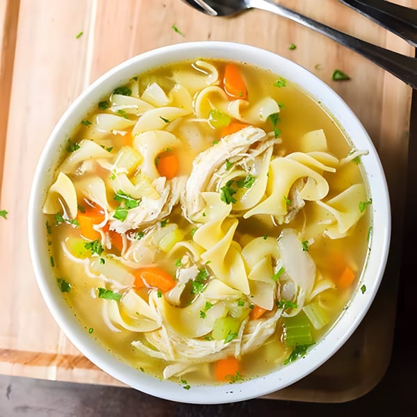A white bowl of Agamie Gourmet Delicatessen's chicken noodle soup with carrots, celery, and parsley.